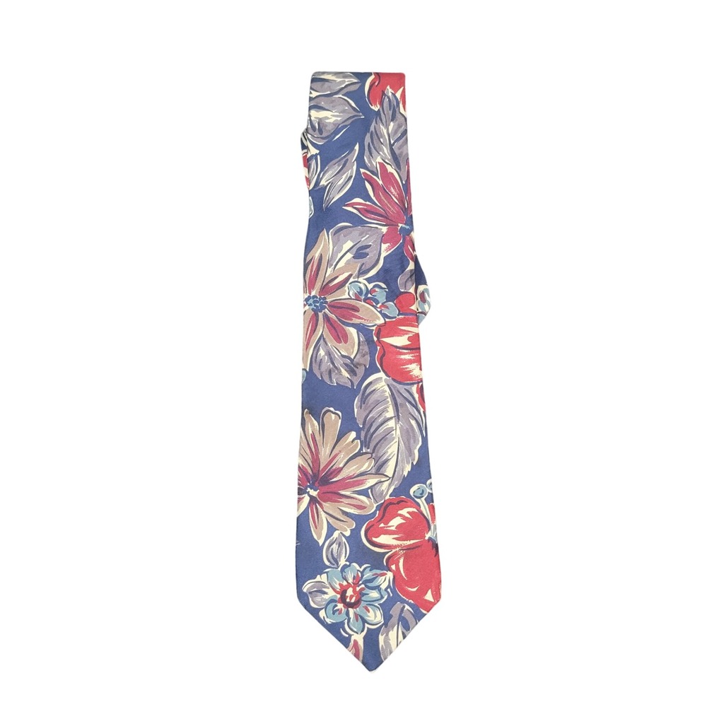 Woodward OS Floral Silk Necktie Mens Blue Red Botanical Made in USA WPL 2831